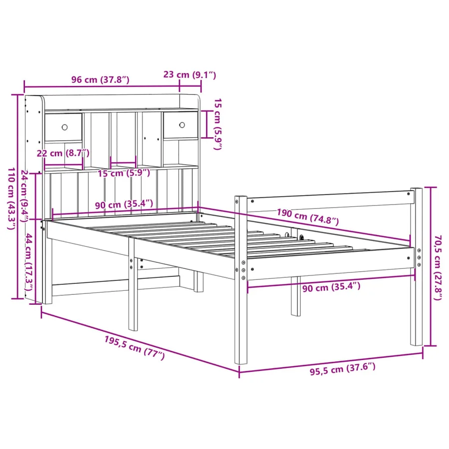 Lit bibliothèque sans matelas 90x190 cm bois de pin massif - 11