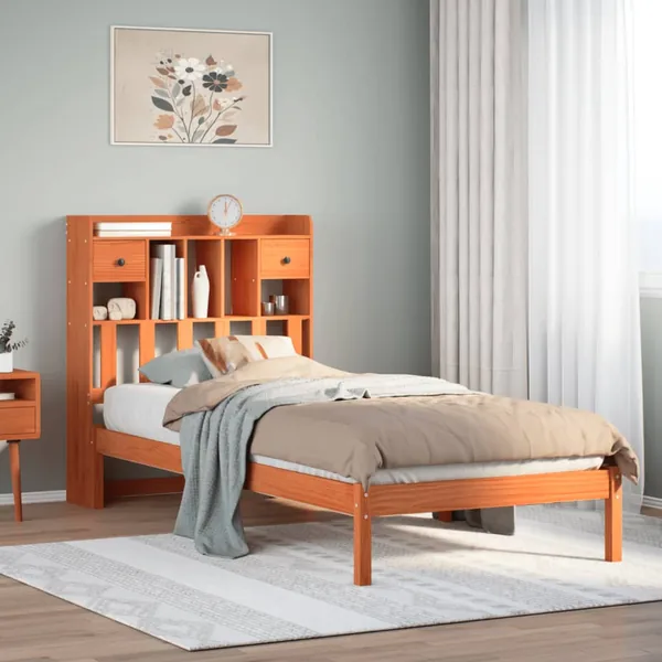 Lit bibliothèque sans matelas cire marron 75x190 cm pin massif