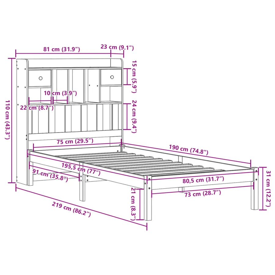 Lit bibliothèque sans matelas cire marron 75x190 cm pin massif - 11