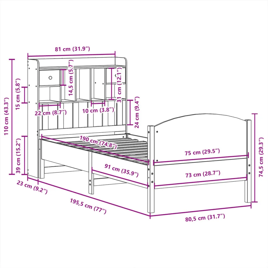 Lit bibliothèque sans matelas blanc 75x190cm bois de pin massif - 11