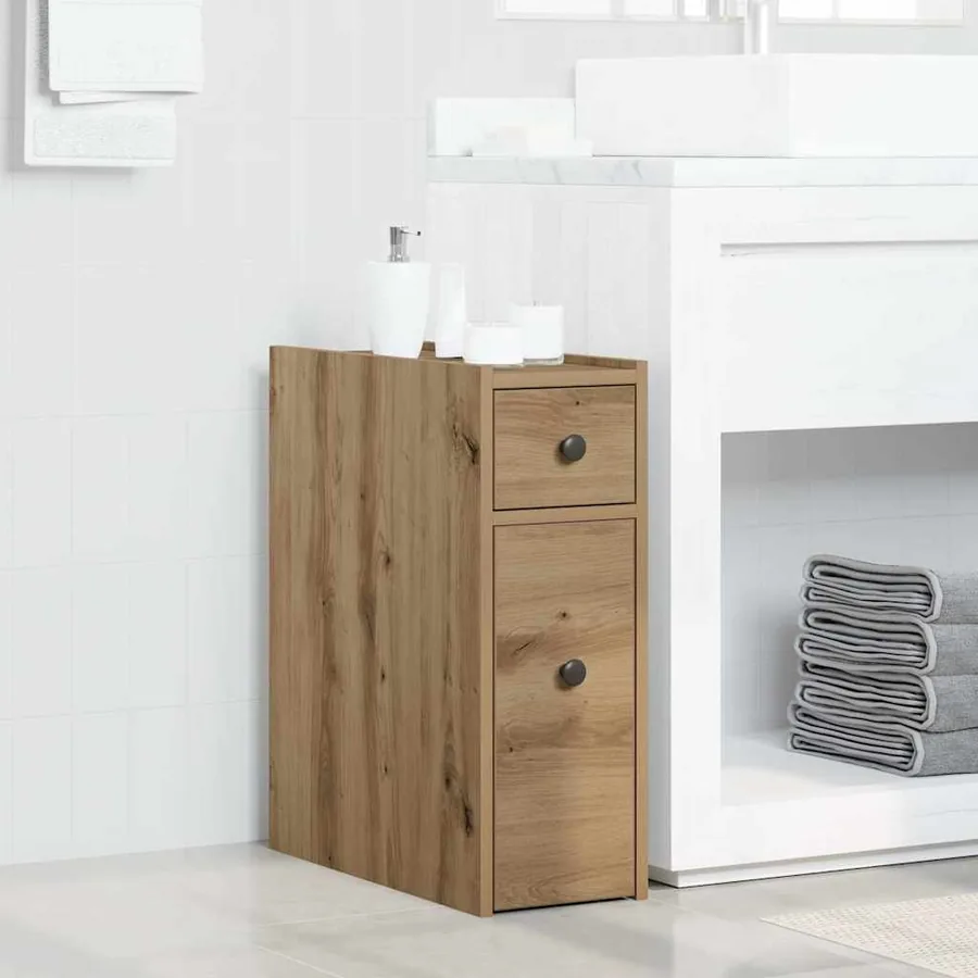 Armoire de salle de bain étroite avec roulettes chêne artisanal