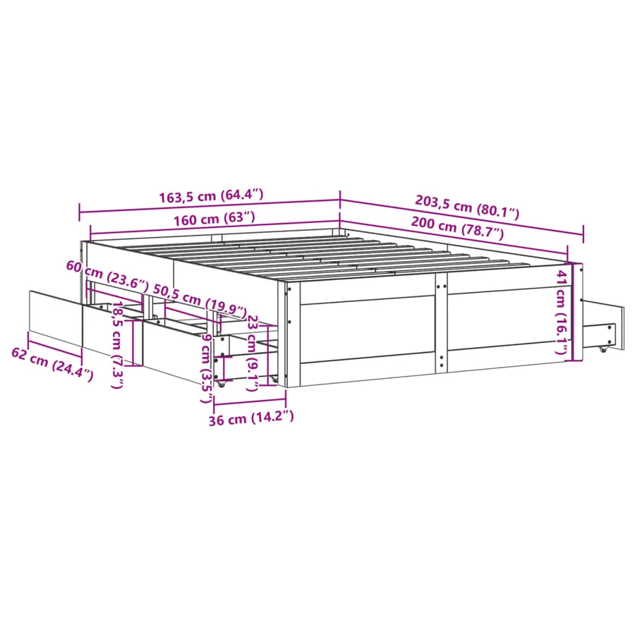 Cadre de lit sans matelas avec tiroirs 160x200 cm bois de pin - 13