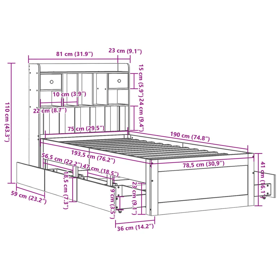 Lit bibliothèque sans matelas 75x190 cm bois de pin massif - 16