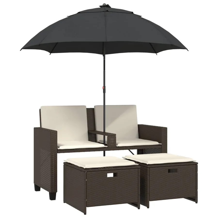 Canapé de jardin 2 places et parasol et tabourets marron rotin - 2