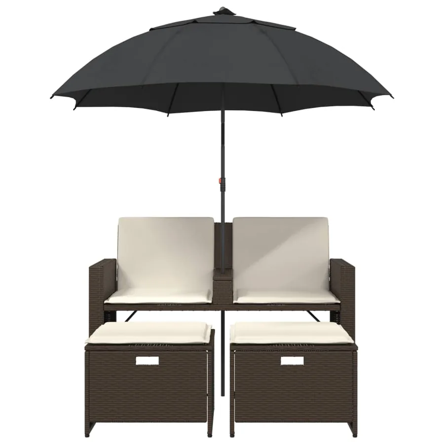 Canapé de jardin 2 places et parasol et tabourets marron rotin - 4
