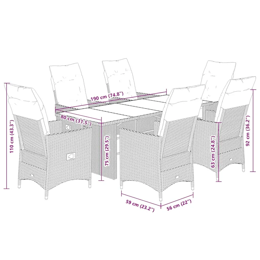 Ensemble à manger de jardin coussins 7 pcs noir résine tressée - 7