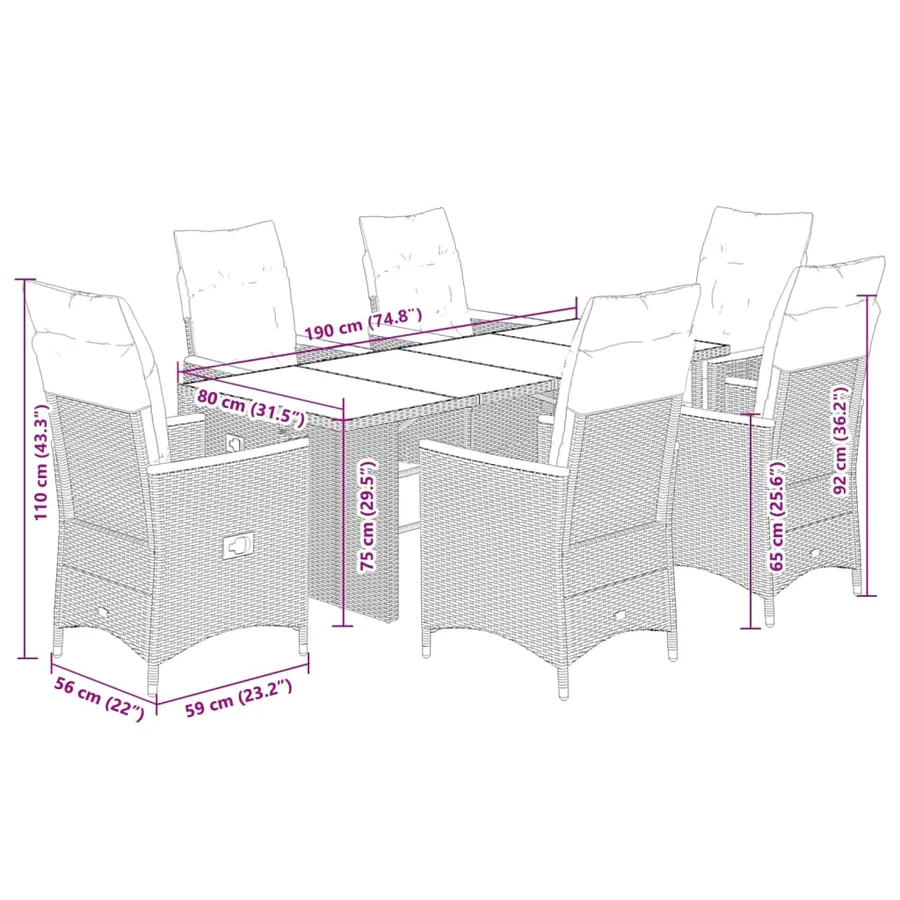 Ensemble à manger de jardin coussins 7 pcs noir résine tressée - 7