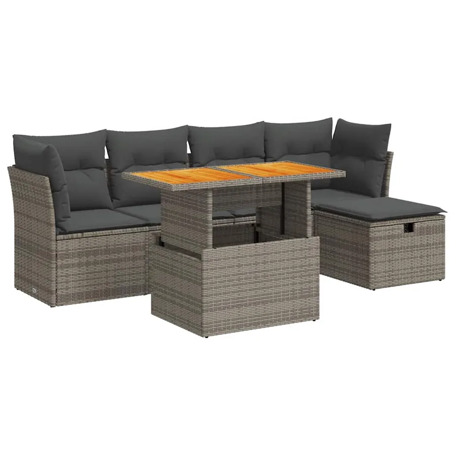 Salon de jardin avec coussins 6 pcs gris résine tressée acacia - 2