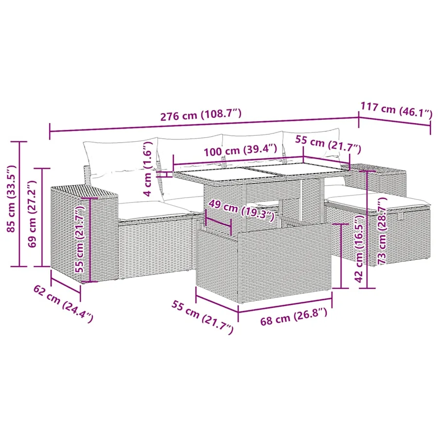 Salon de jardin 6 pcs avec coussins gris résine tressée - 16