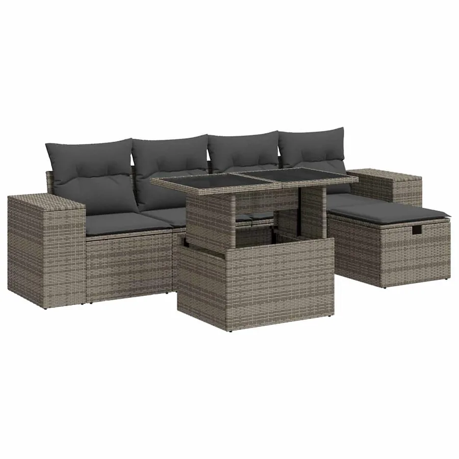 Salon de jardin 6 pcs avec coussins gris résine tressée - 2