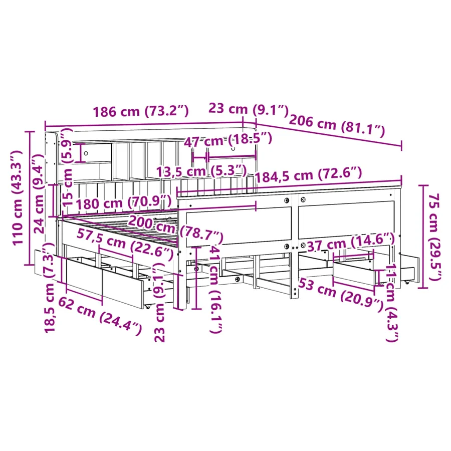 Lit bibliothèque sans matelas 180x200 cm bois massif de pin - 16