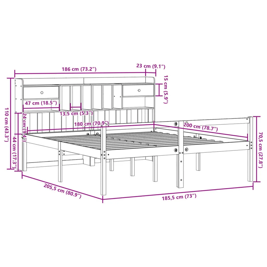 Lit bibliothèque sans matelas blanc 180x200 cm bois pin massif - 11
