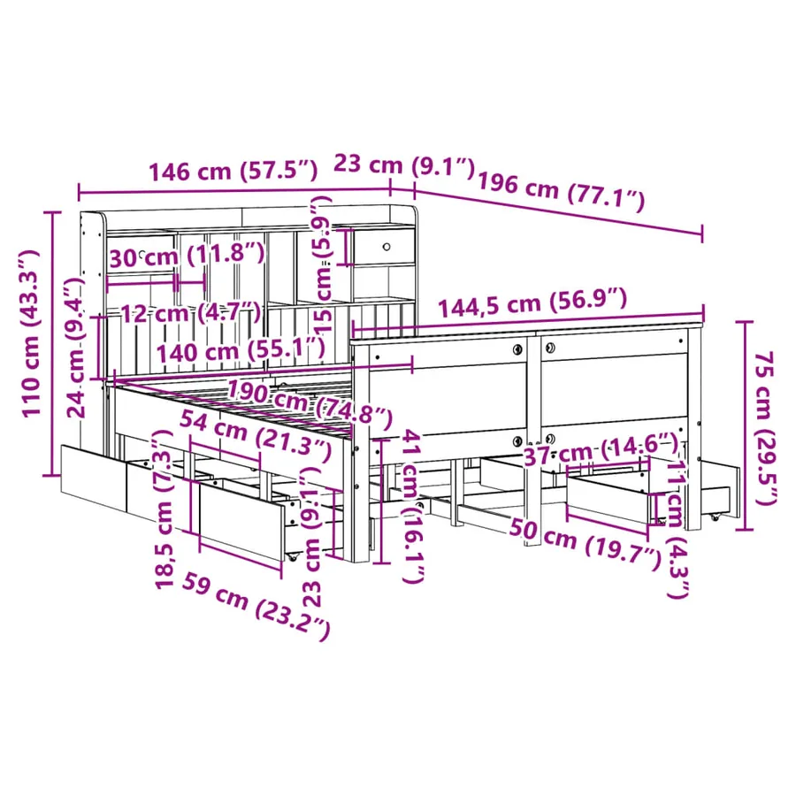 Lit bibliothèque sans matelas 140x190 cm bois de pin massif - 16