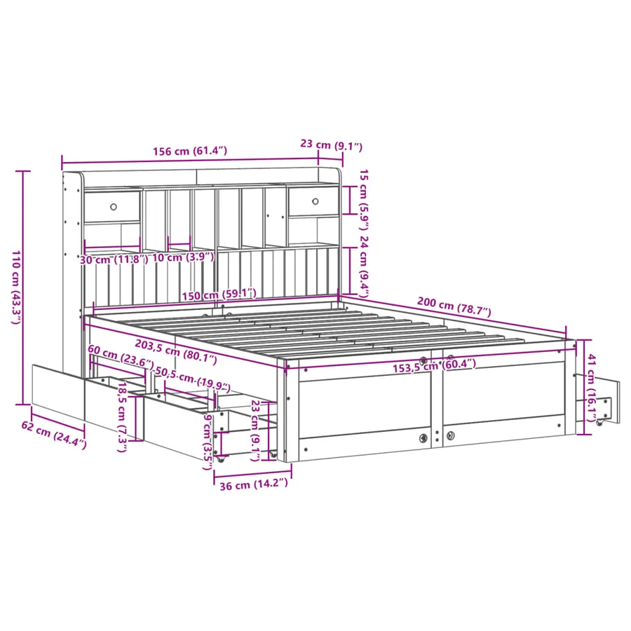 Lit bibliothèque sans matelas cire marron 150x200 cm pin massif - 16