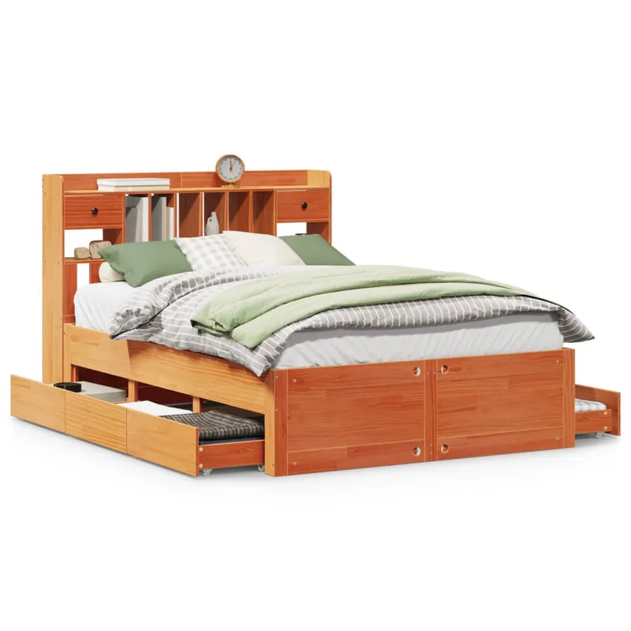 Lit bibliothèque sans matelas cire marron 150x200 cm pin massif - 2