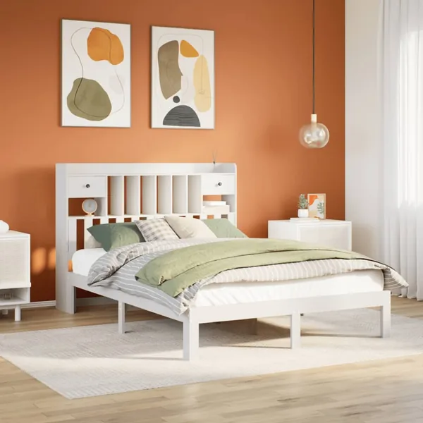 Lit bibliothèque sans matelas blanc 140x200 cm bois pin massif