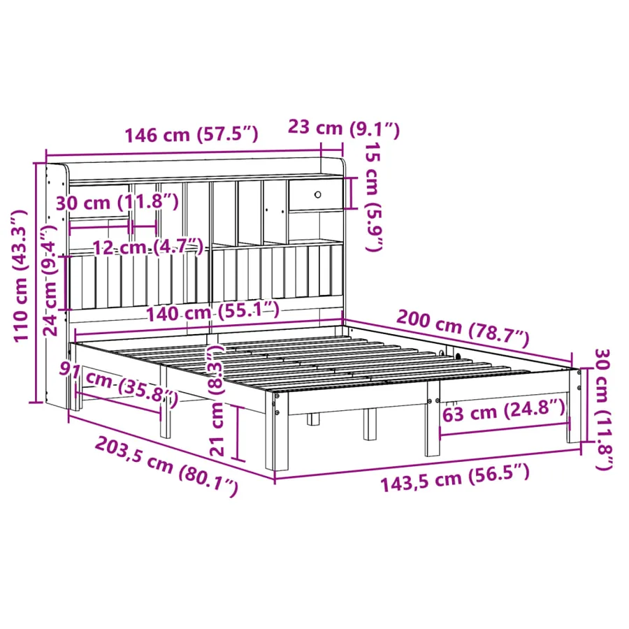 Lit bibliothèque sans matelas blanc 140x200 cm bois pin massif - 11