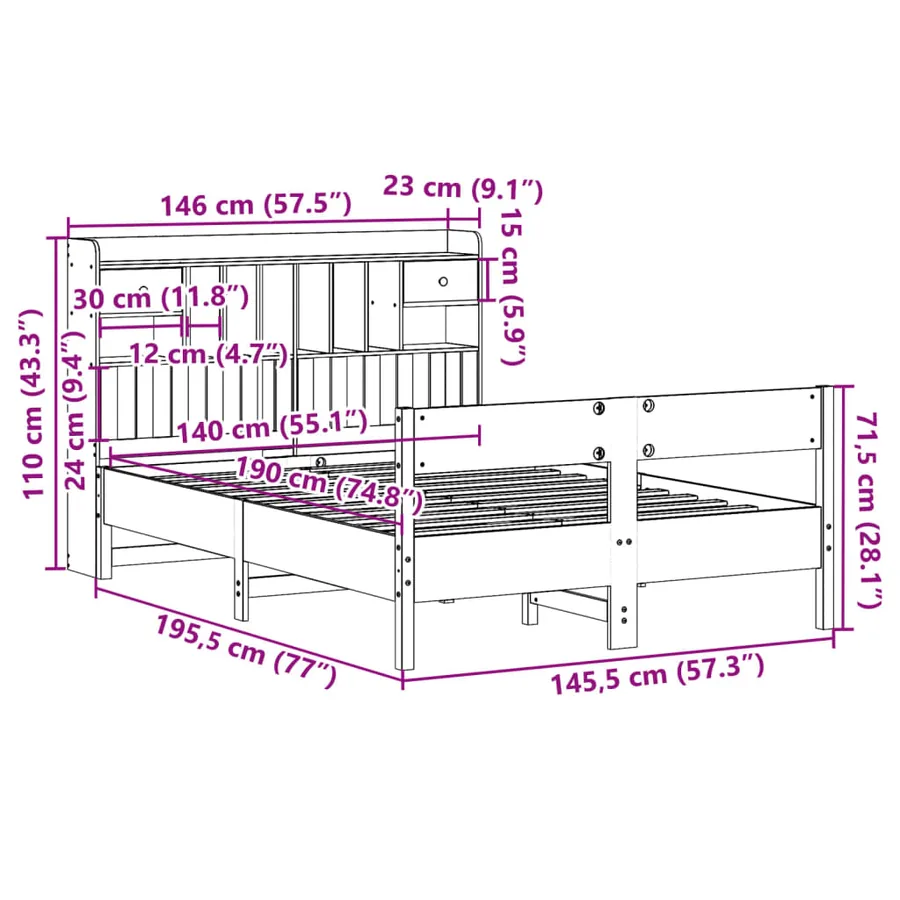 Lit bibliothèque sans matelas blanc 140x190 cm bois pin massif - 11