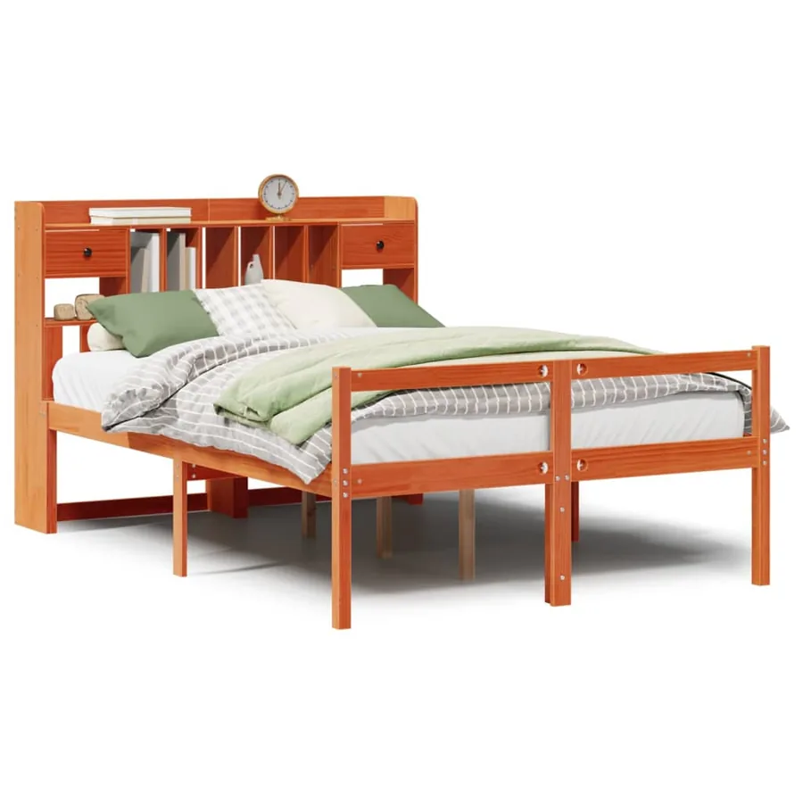 Lit bibliothèque sans matelas cire marron 140x190 cm pin massif - 2