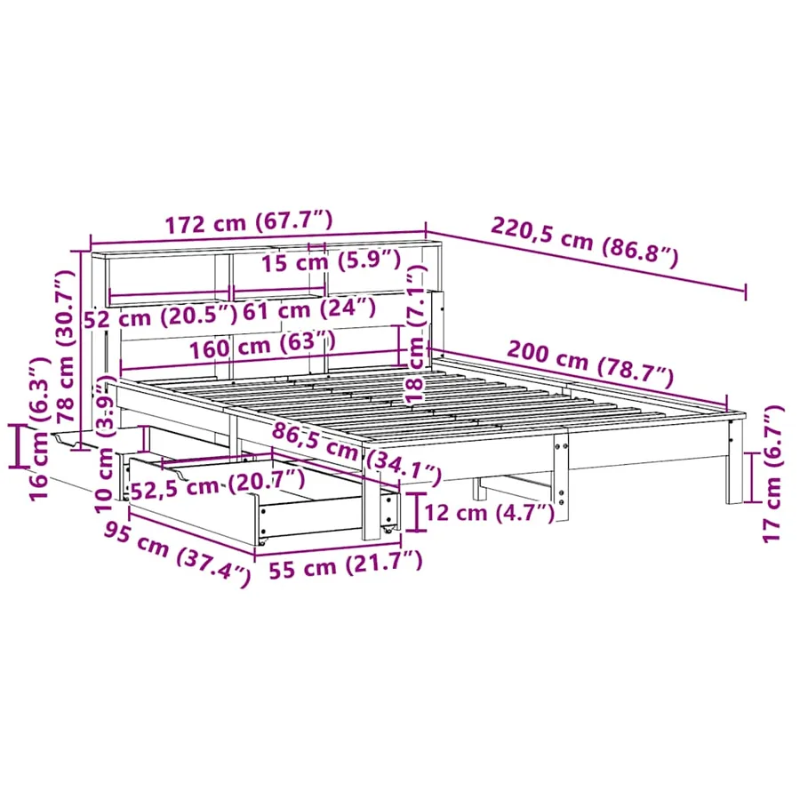 Lit bibliothèque sans matelas cire marron 160x200 cm pin massif - 12