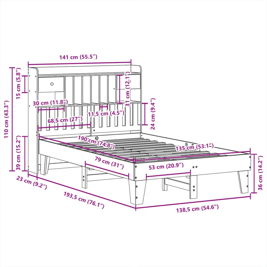 Cadre de lit sans matelas cire marron 135x190cm bois pin massif - 11