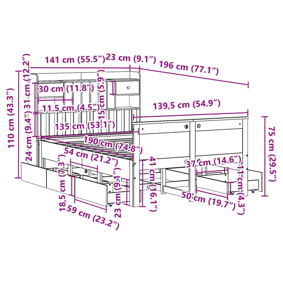 Lit bibliothèque sans matelas cire marron 135x190 cm pin massif - 16