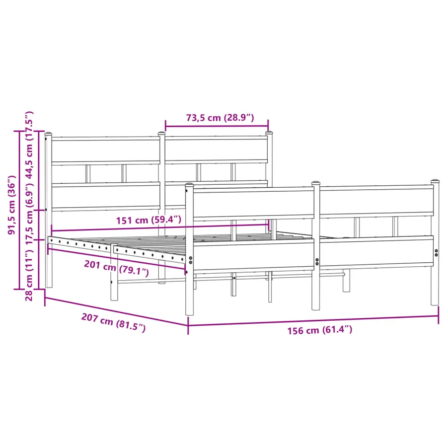 Cadre de lit en métal sans matelas chêne marron 150x200 cm - 9