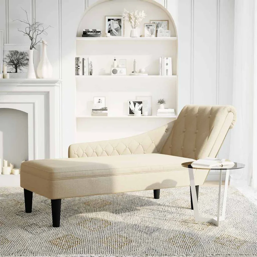 Fauteuil long avec coussin et accoudoir droit crème tissu - 2