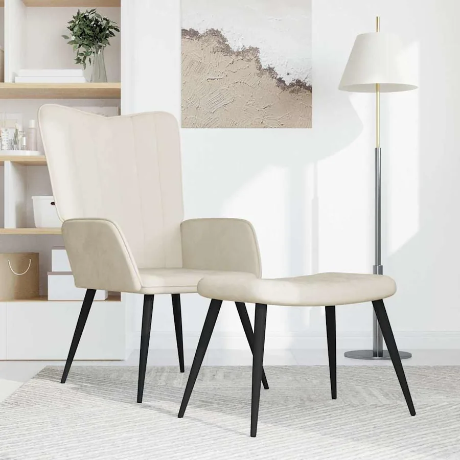 Chaise de relaxation avec tabouret Blanc crème Velours