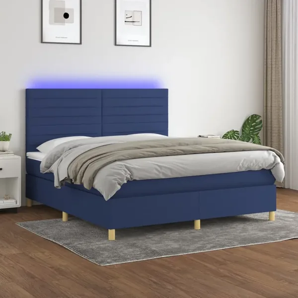 Sommier à lattes de lit et matelas et LED Bleu 160x200 cm Tissu