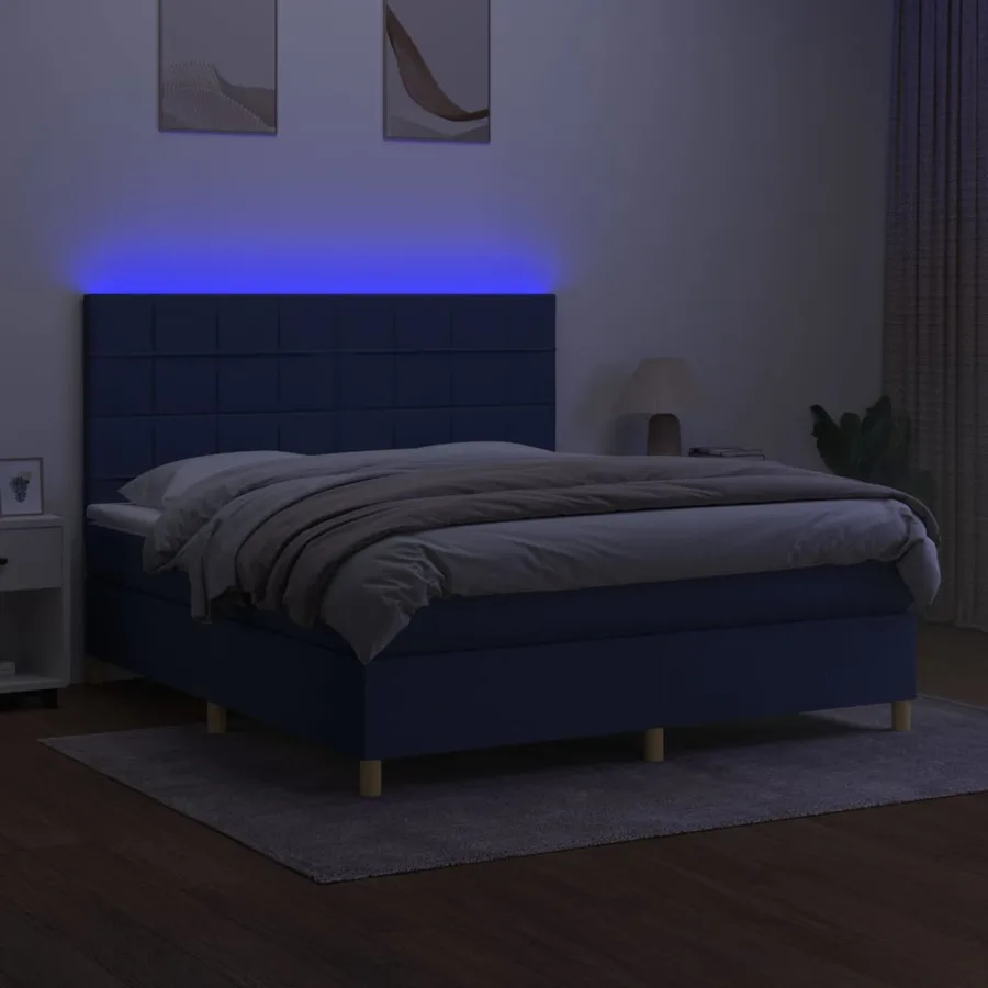 Sommier à lattes de lit et matelas et LED Bleu 160x200 cm Tissu - 4