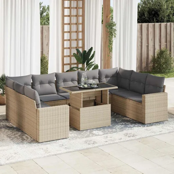 Salon de jardin avec coussins 10 pcs beige résine tressée
