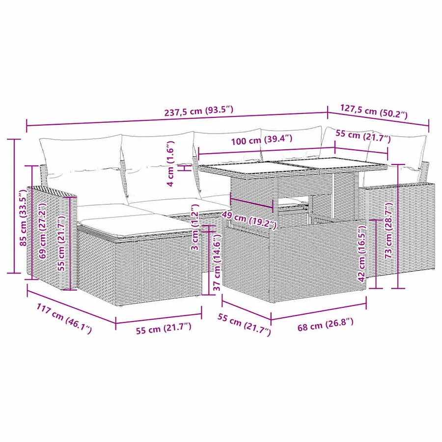 Salon de jardin avec coussins 7 pcs beige résine tressée - 15