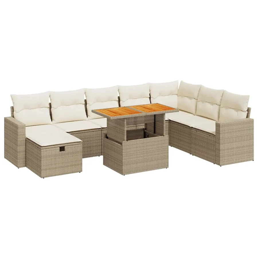 Salon de jardin avec coussins 9 pcs beige résine tressée acacia - 2