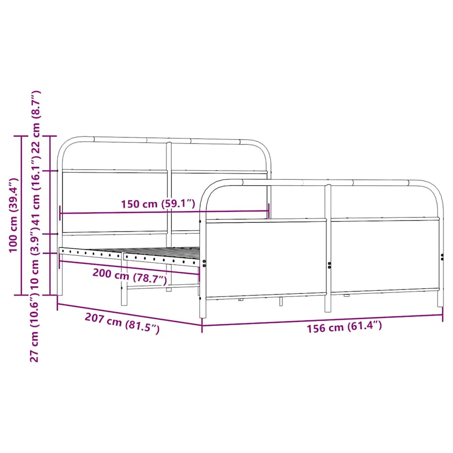 Cadre de lit en métal sans matelas chêne fumé 150x200 cm - 9
