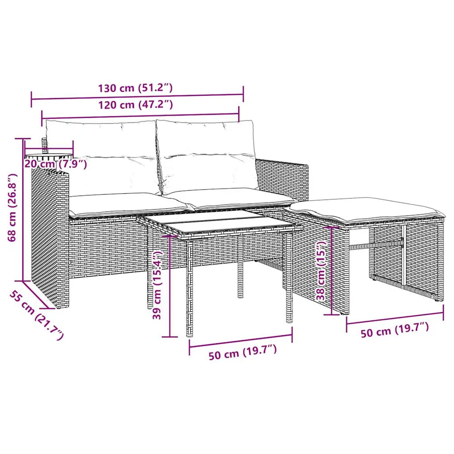 Ensemble de canapé de jardin 3 pcs avec coussins marron résine tressée - 12