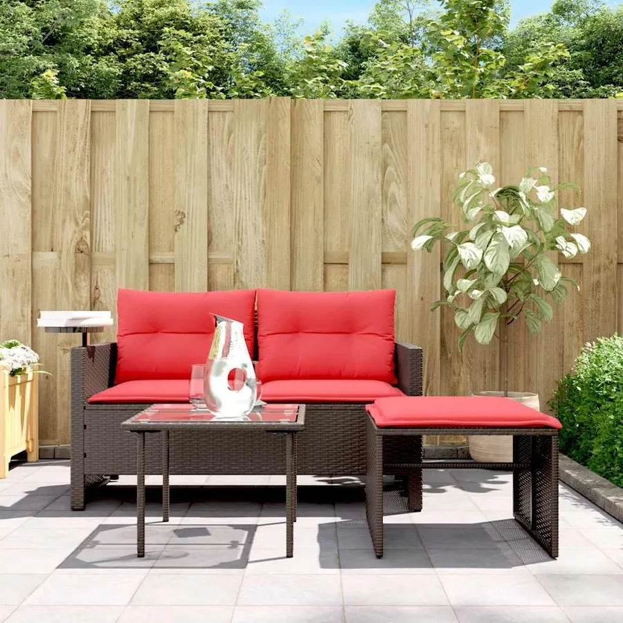 Ensemble de canapé de jardin 3 pcs avec coussins marron résine tressée - 3
