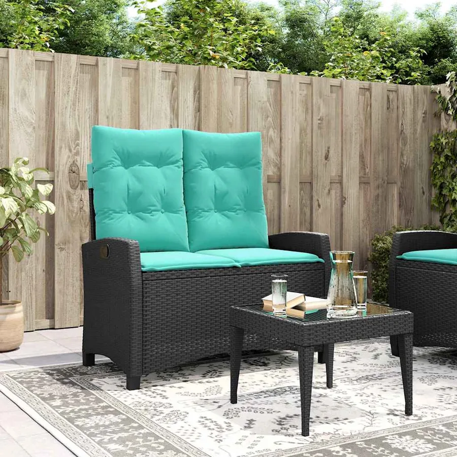Banc inclinable de jardin avec coussins noir résine tressée