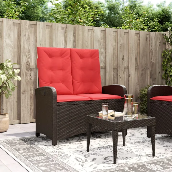 Banc inclinable de jardin avec coussins marron résine tressée