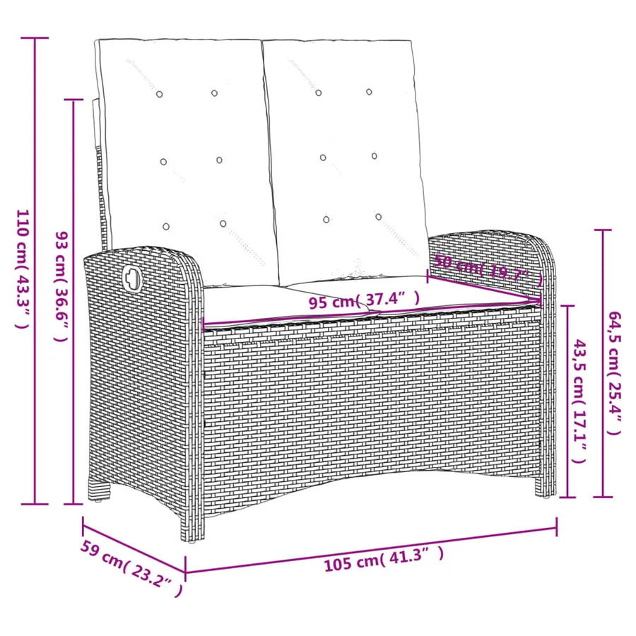 Banc inclinable de jardin avec coussins marron résine tressée - 10