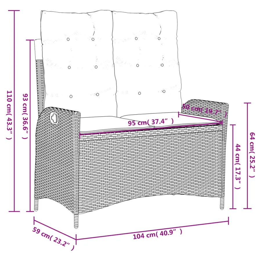 Banc inclinable de jardin avec coussins gris résine tressée - 10