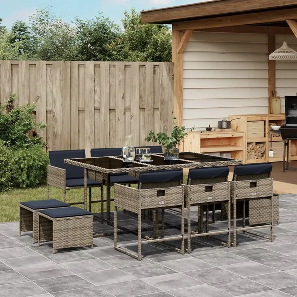 Ensemble à manger de jardin 11 pcs coussins gris résine tressée