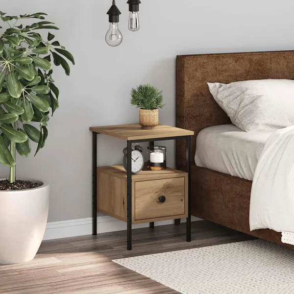 Table de chevet chêne artisanal 34x36x50 cm bois d'ingénierie