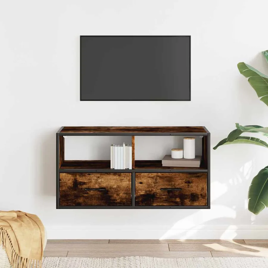 Meuble TV chêne fumé 80x31x39,5 cm bois d'ingénierie et métal - 3