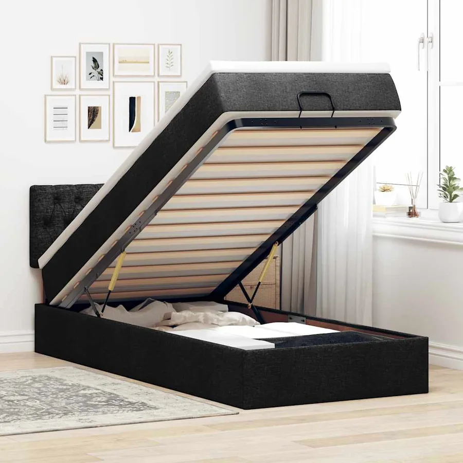 Lit ottoman avec matelas noir 90x200 cm tissu - 3