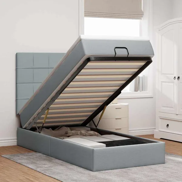 Cadre de lit ottoman et matelas gris clair 100x200 cm tissu
