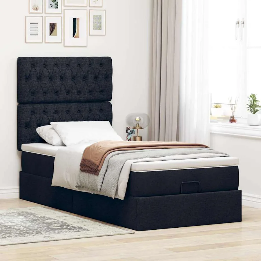 Cadre de lit ottoman avec matelas noir 90x200 cm tissu - 4