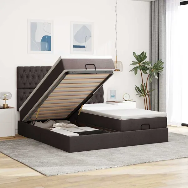 Cadre de lit ottoman avec matelas marron foncé 180x200 cm tissu
