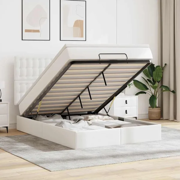 Cadre de lit ottoman avec matelas blanc 140x200 cm similicuir