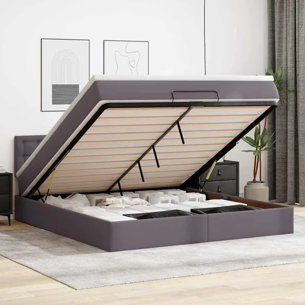Lit ottoman avec matelas & LED Gris 160x200cm similicuir